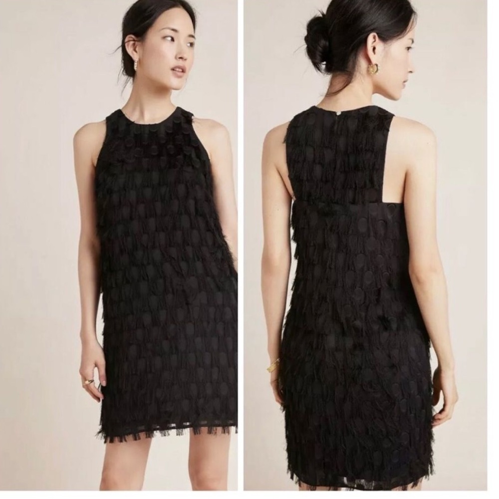 Anthropologie black fringe mini dress size 6